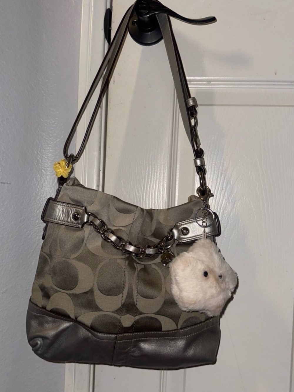 Coach Gray Signature Hobo with Chain Strap